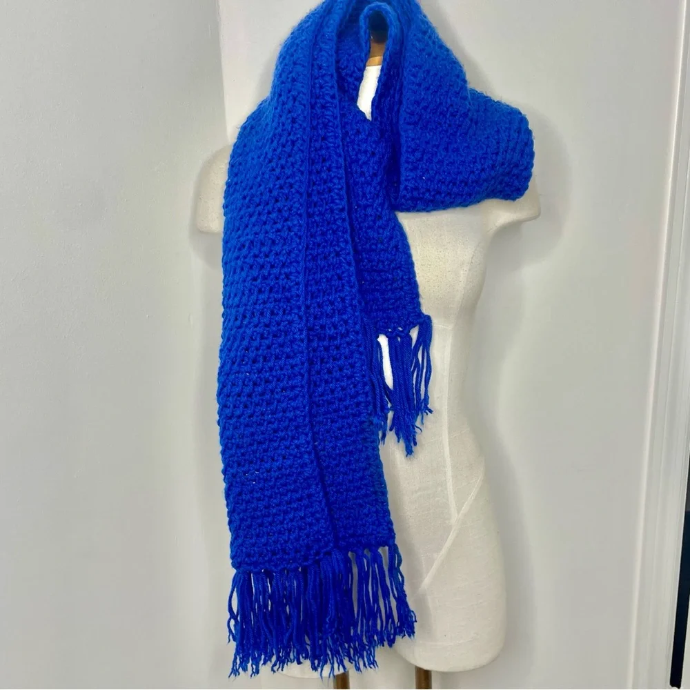Handmade Elegant Blue crochet long Knit Scarf with tassel detailing 68” long